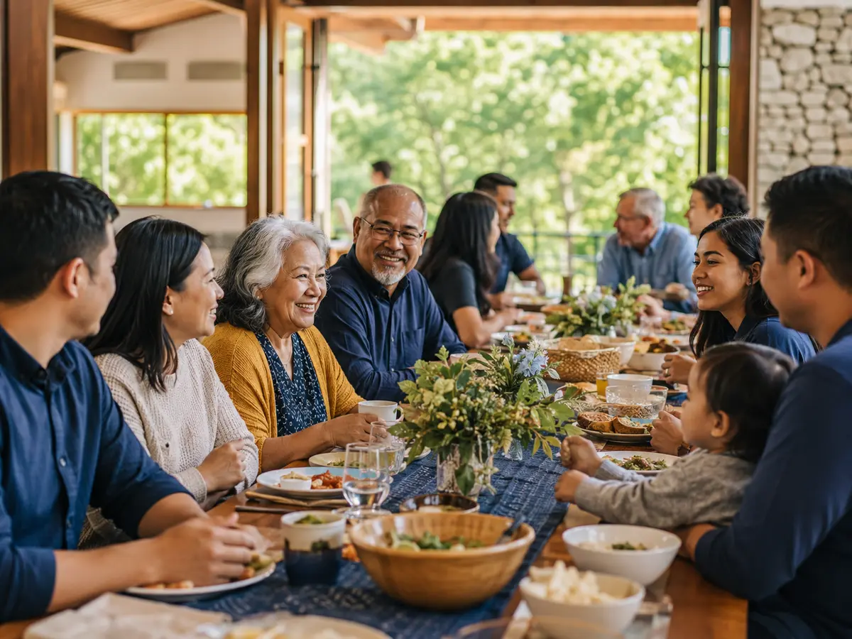 People sharing a meal and conversation around a table