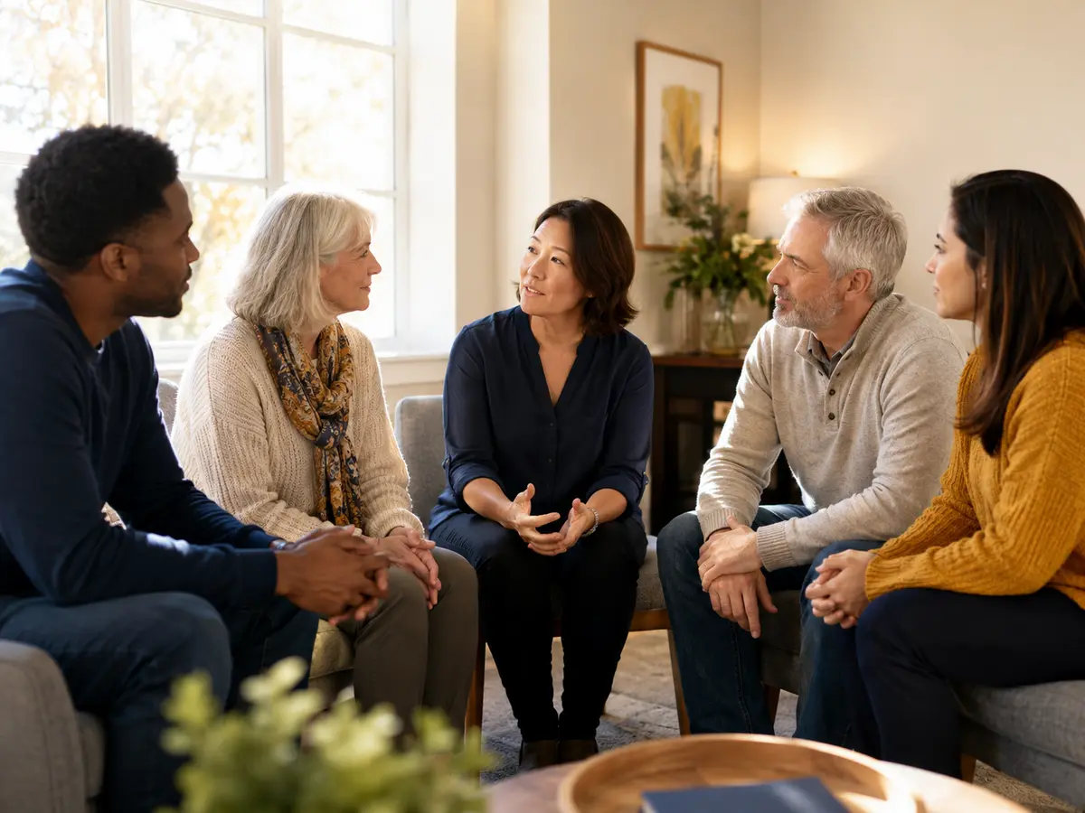 A small group listening to one another in a welcoming room